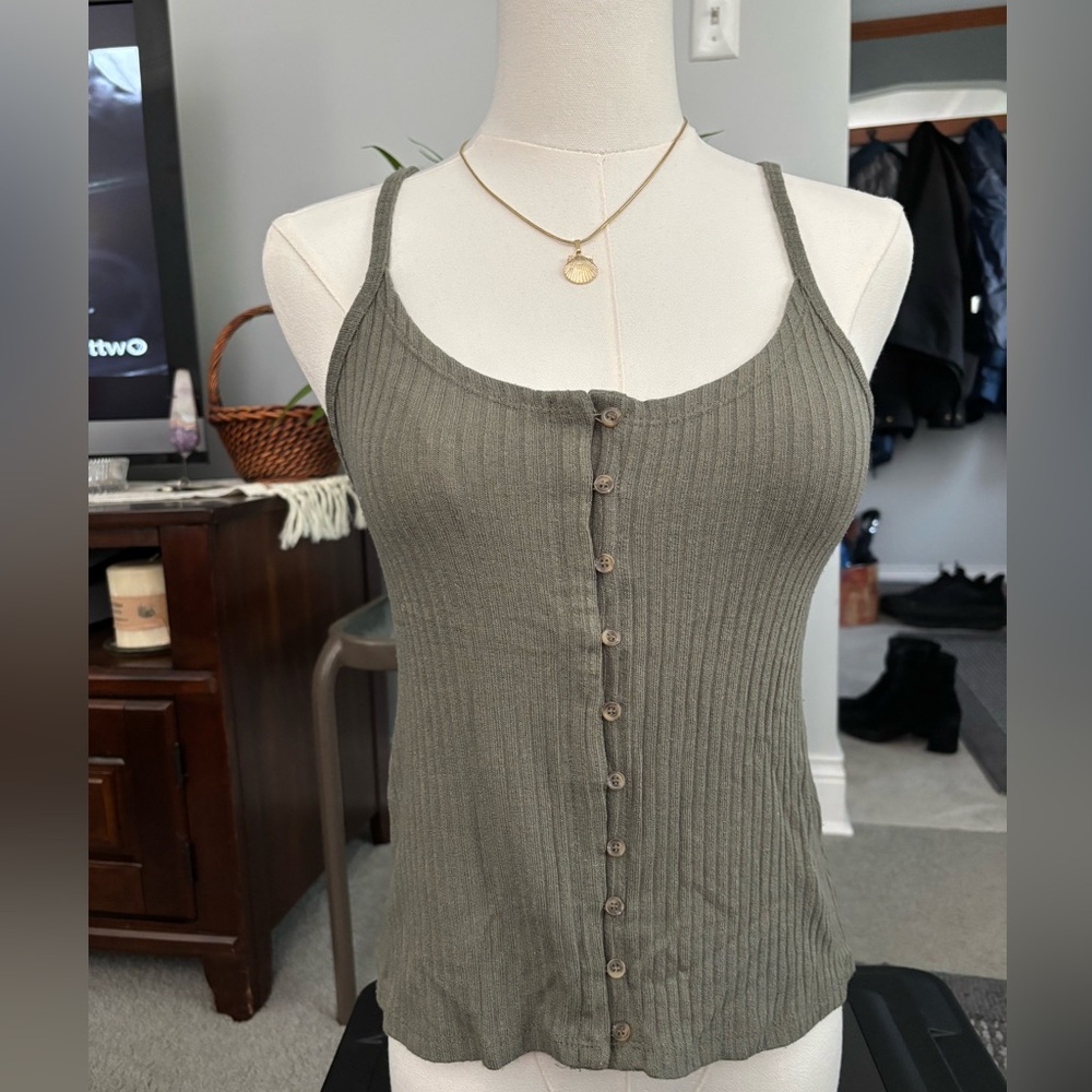 Olive Ribbed Button-Down Tank